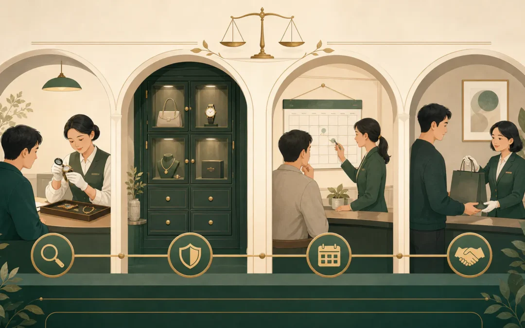 當舖規則懶人包：利息、當票、取贖、展期與流當主題插畫