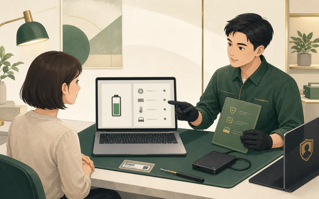 筆電借款怎麼估價？筆記型電腦典當流程與資料保護主題插畫