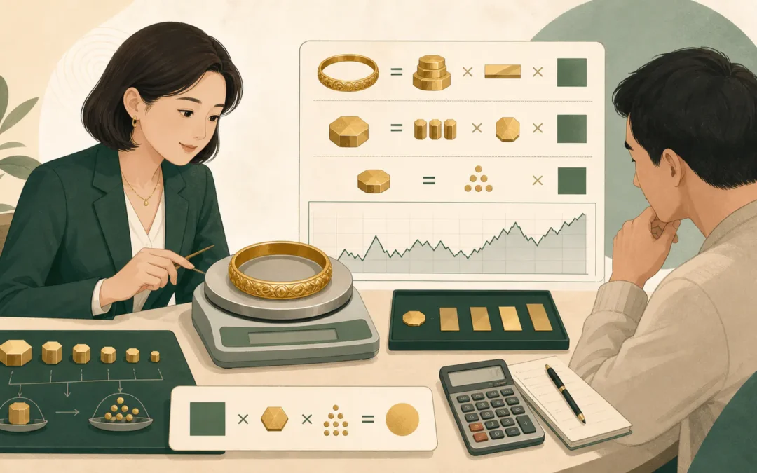 黃金典當怎麼算？重量、純度、金價、利息與流程主題插畫