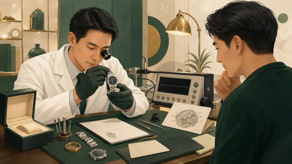 手錶借款怎麼估價？名錶典當條件、盒單與贖回流程主題插畫