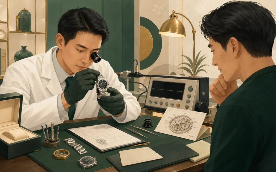 手錶借款怎麼估價？名錶典當條件、盒單與贖回流程主題插畫
